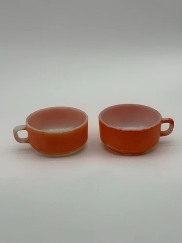 Vintage Anchor Hocking 303 Orange Oven Proof Soup Bowl Mugs D Handle Set Of 2