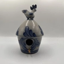Salt Glaze Ceramic Bird House Rowe Pottery Works 1992 Rooster Finial Round
