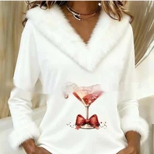 Women's Christmas Print Fur Collar Spliced V-neck T-shirt