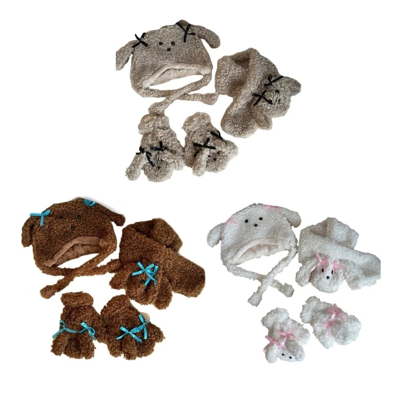 Lovely Animal Theme Plush Scarf Gloves Hat Set Coldproof Outdoor Accessories