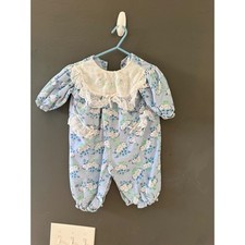 Vintage Blue Floral Corduroy Romper Lace Bib Collar 6-9 Mo Baby Girl Jumpsuit