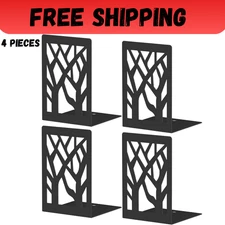 Bookends 4 Pieces, Modern Metal Bookends for Shelves, Black Tree Book Ends for B