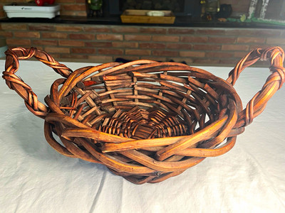 Round Brown Wicker Decorative Basket w/ Handles, Rustic, 12in Dia x 8in
