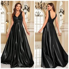 Elegant Sequins Evening Dress V-neck Satin Floor Length Formal Prom Party Gowns