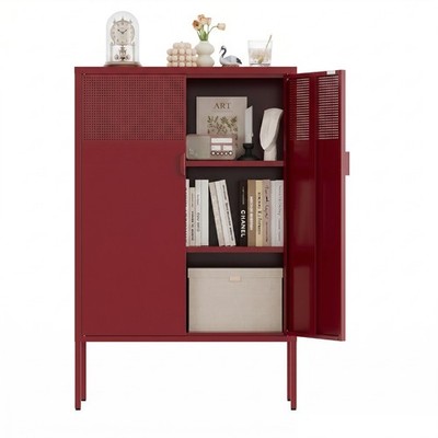 Red Metal Storage Cabinet,2 Door TV Stand, Metal Mesh Accent Cabinet