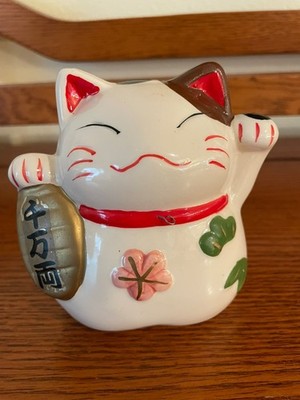 Vintage Japanese Maneki Neko Shrine Lucky Cat w/ Scroll Missing Bell 4 