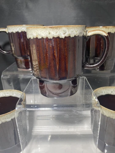 vintage MCM brown drip glaze coffee mugs 8 oz Japan stackable lot of 5