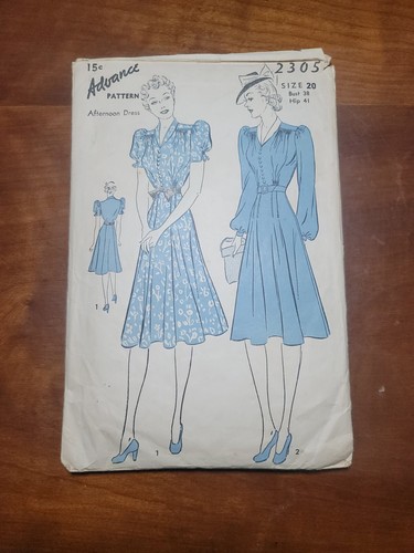 1940s Afternoon Dress #2305 Advanced Pattern Size 20, Bust 38, Hip 41 - 第 1/4 張圖片