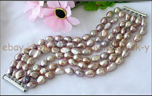 6 Rows 8-9mm Natural Lavender Purple Freshwater Baroque Pearl Bracelet 7.5'' - Picture 2 of 4