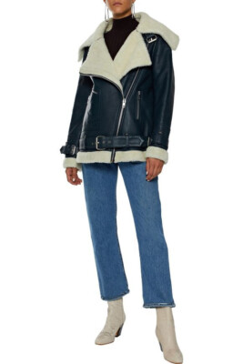 New Walter Baker Celine Navy Motorcle Leather Shearling Jacket Womens Size Small