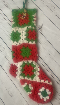 Vintage Crochet Christmas Stocking Granny Square Red Green White Handmade Knit