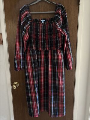 draper james rsvp red black plaid smocked midi dress size 1X