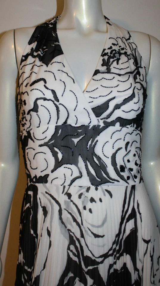 Kay Unger Black White Beaded Long Maxi Dress 6 Silk Halter Pleated Skirt - Image 2 of 4