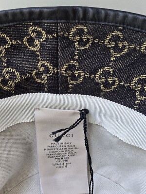 Gucci Bucket Hat Black Beige Denim GG Monogram Logo Leather Trim