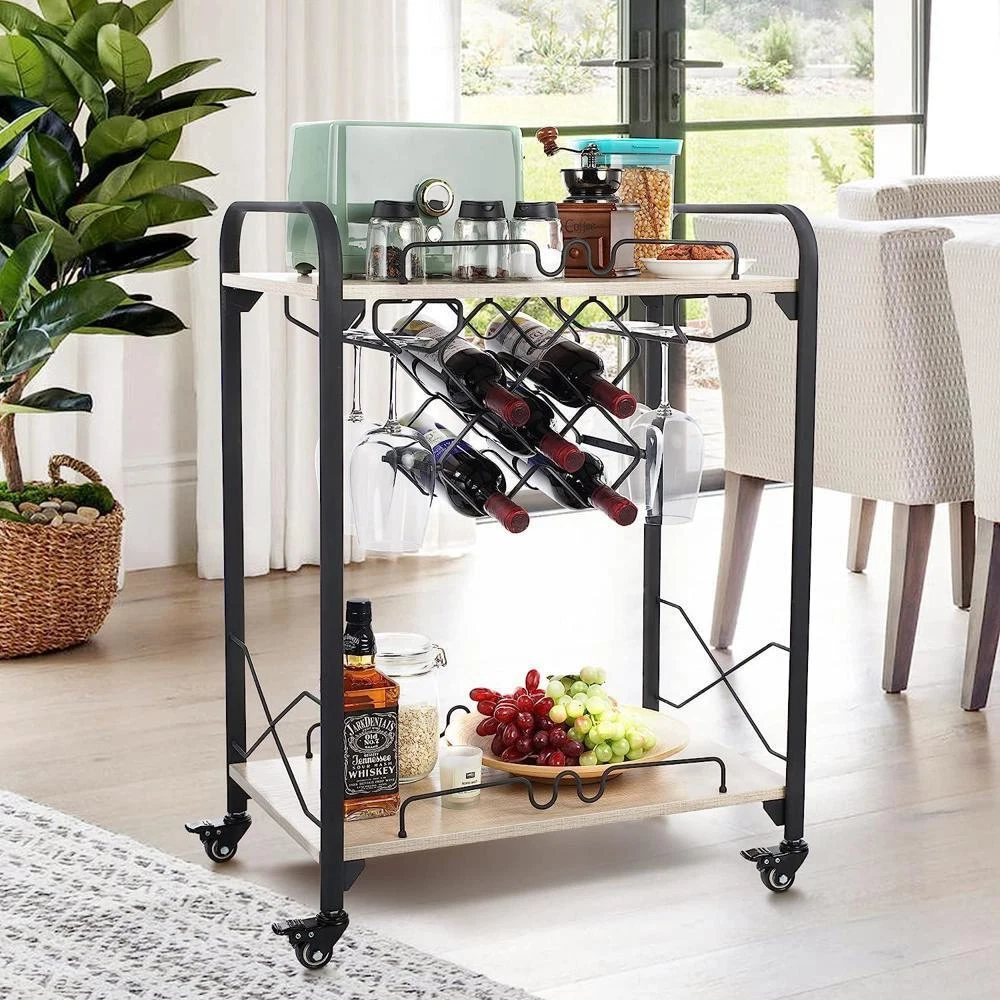 2-Tier Mobile Bar Cart with Wine Racks and Glasses Holders&Wheels for  Kitchen