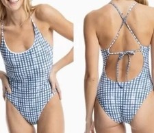 NWOT Women 99 Southern Tide Gingham Lace Up One Piece Swimsuit Blue Large