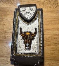 Leather Cowboy Western Bull Cell Phone Belt Holster Universal iPhone/Samsung
