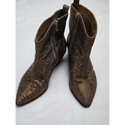 Jessica Simpson Bronze Rhinestone Western Ankle Boots Pointed Toe Cuban Heel 9.5