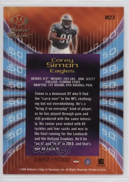 2000 Collector's Edge Masters Majestic /5000 Corey Simon #M23 Rookie RC - Image 2 of 2