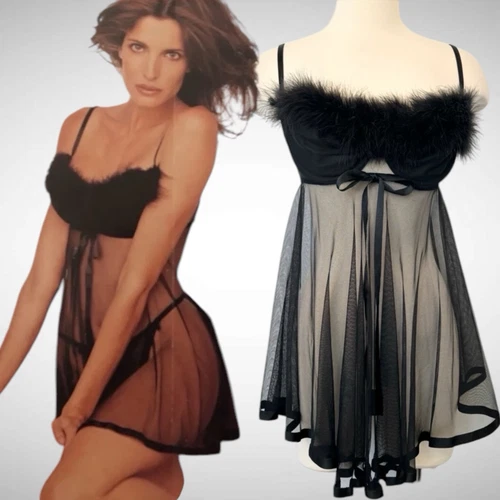 UNDERCOVER Vestito slip babydoll vintage anni 90 Victoria’s Secret piume nero maglia trasparente