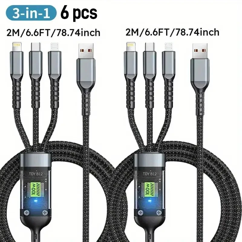 Pack of 6 100W 3 in 1 Fast Charging Cable USB C Micro USB Type A Braided Cord - Image 4 of 4