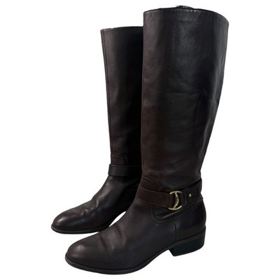 Lauren Ralph Lauren Womens Micah Dark Brown Leather Riding Boots Gold Buckle 9.5