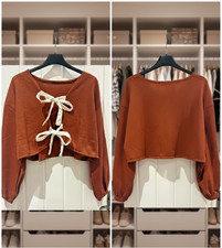 New Women's Brown Cropped Cardigan Long Sleeve V-Neck White Bows Fits UK 10-12