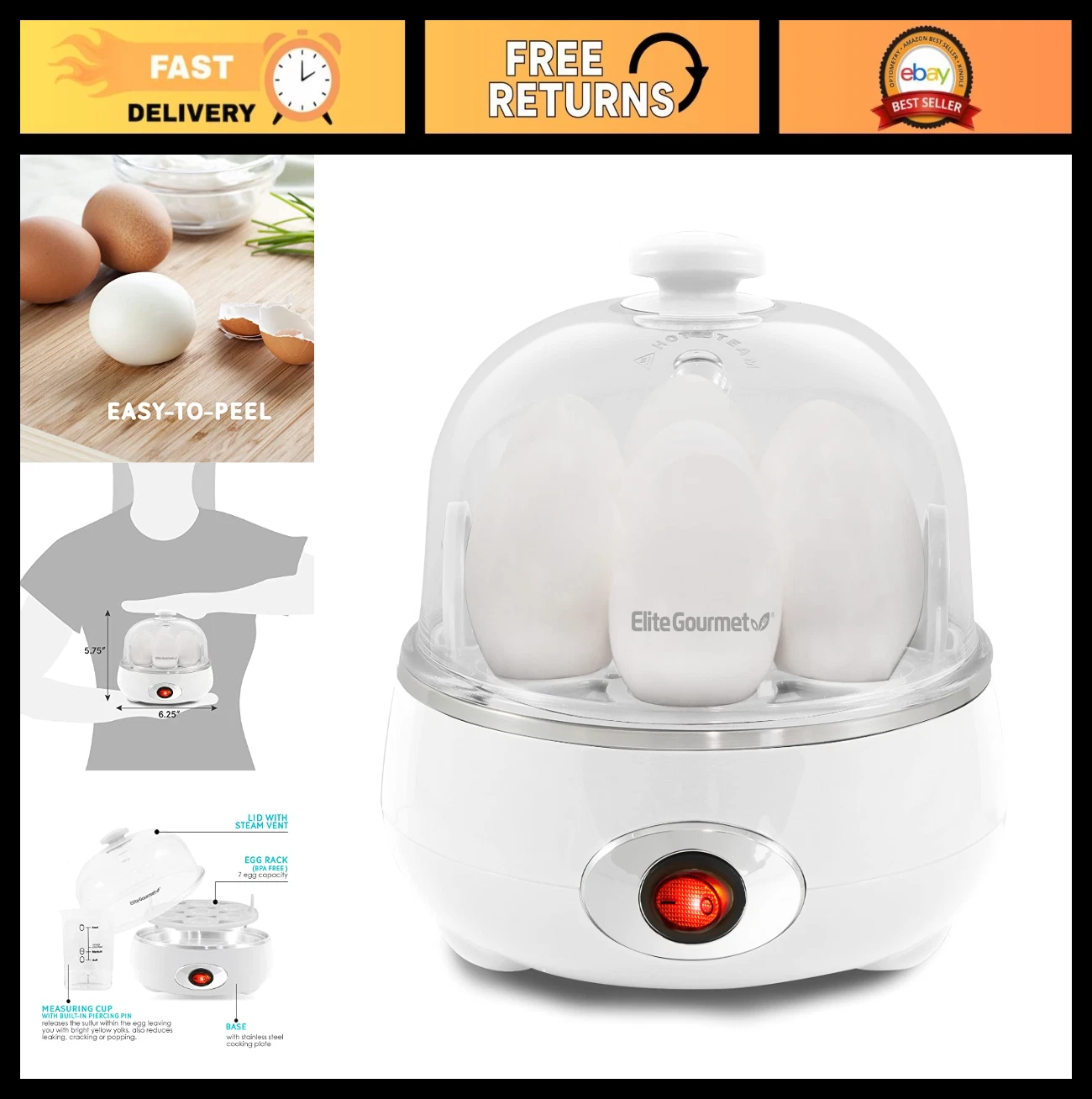 Electric Egg Cooker 7-Egg Capacity, Soft Medium Hard-Boiled, Auto Shut-Off, BPA