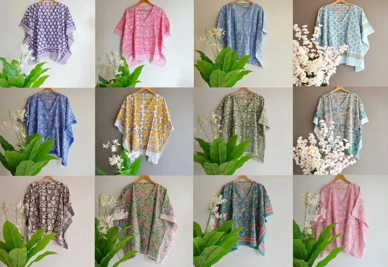 5 Pcs of Indian 100% Cotton Block Printed Beach Wear Women Kaftan Maxi Dress