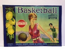 1920s Fruit Crate Label California Basketball College Heights Orange And Lemon 