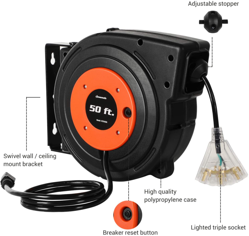 DEWENWILS Retractable Extension Cord Reel, 50 FT Heavy Duty Power Cord