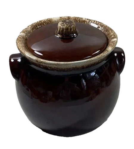 Vintage Hull Pottery Brown Drip Bean Pot Crock 6 Inches With Lid Oven Proof USA