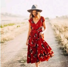 NWT Free People All I Got Red Tiered Floral Boho Short Sleeve V Neck Maxi Dress 