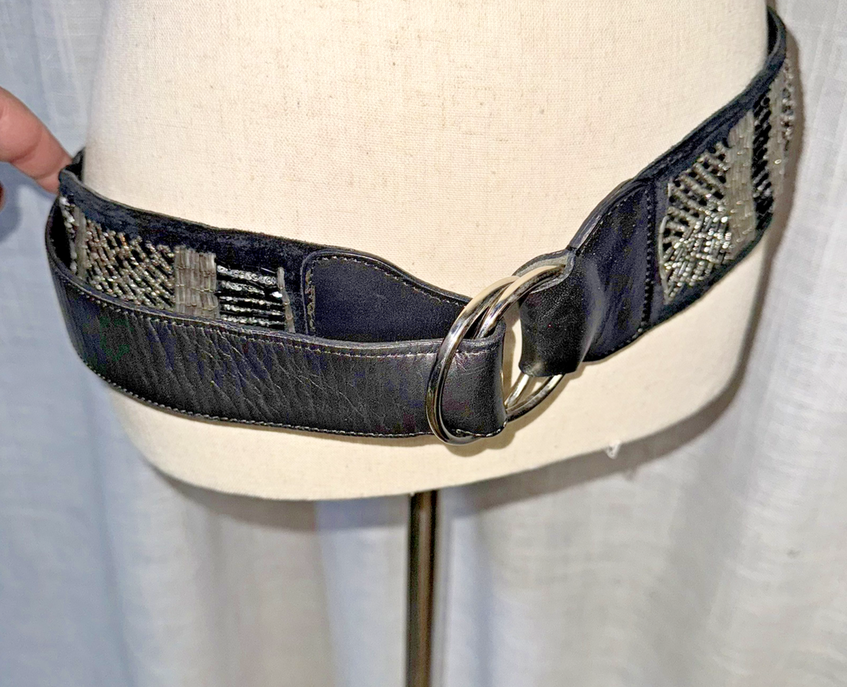 VTG Boho Beaded Black Leather Belt Vintage Beaded Leather Belt: Witchcore Boho Style - Etsy main image 4