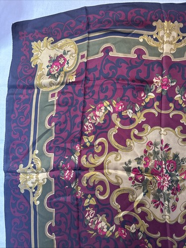 100% Silk 35/34” Square Scarf Women Wrap Shawl Blue Purple Green Floral - Picture 6 of 9