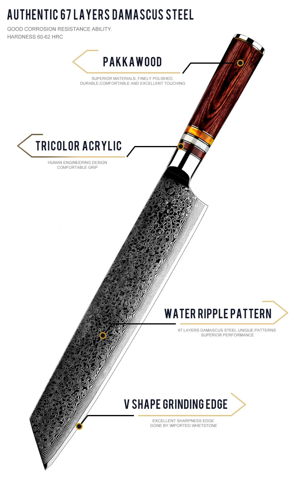 Japanese 10" Kiritsuke 67 Layers Damascus Steel Pakkawood Handle