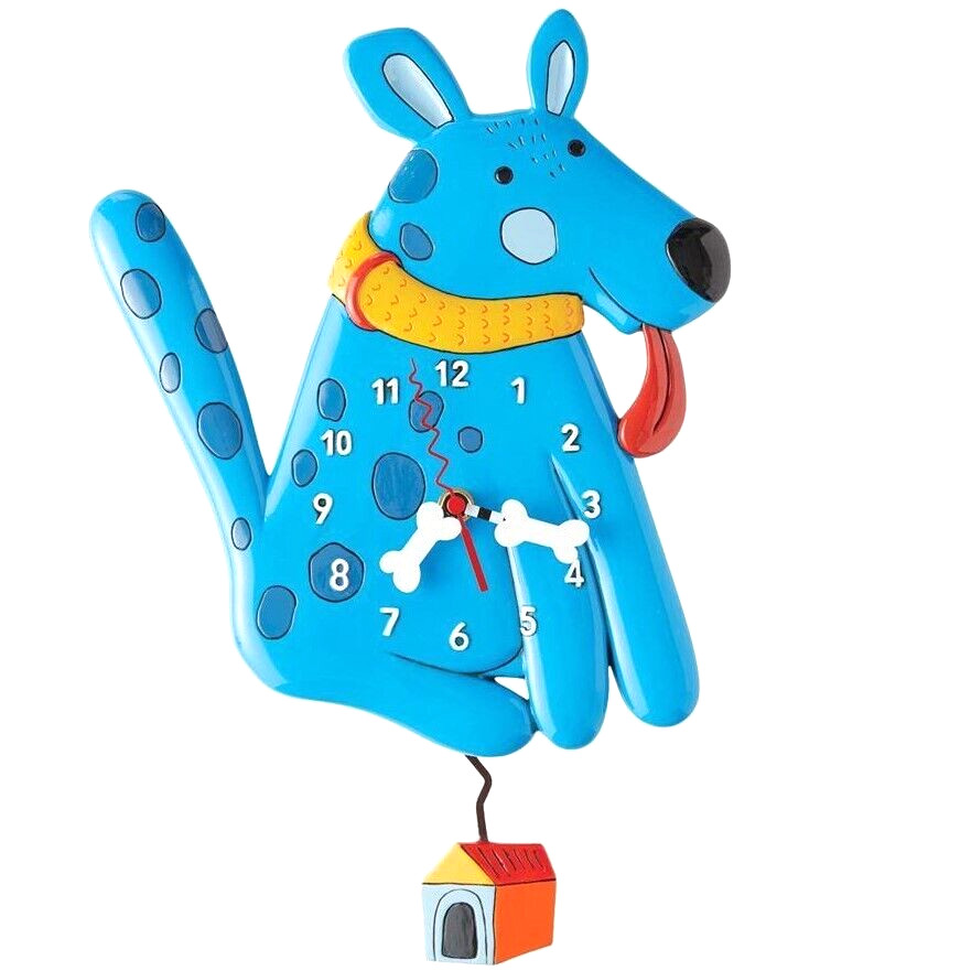 ✤ New ALLEN DESIGNS Swing Pendulum Wall Clock BLUE BUDDY DOG House Bone Toy Doll