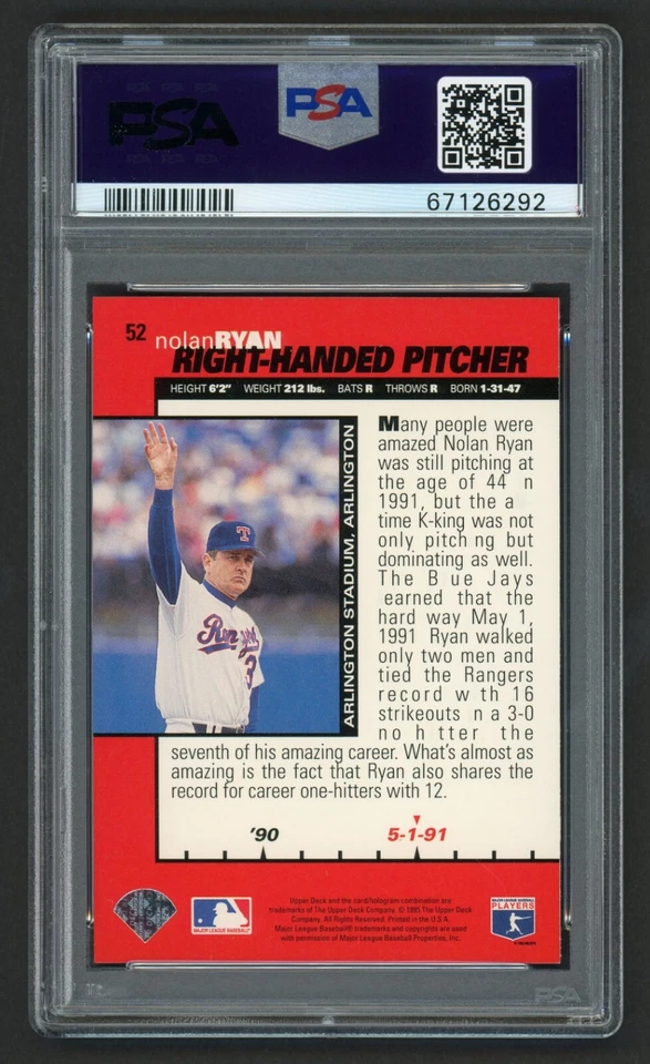 Collector's Choice 1995 Nolan Ryan #52 Best of the 90's Texas Hof PSA 9 como nuevo Foto 3 de 3