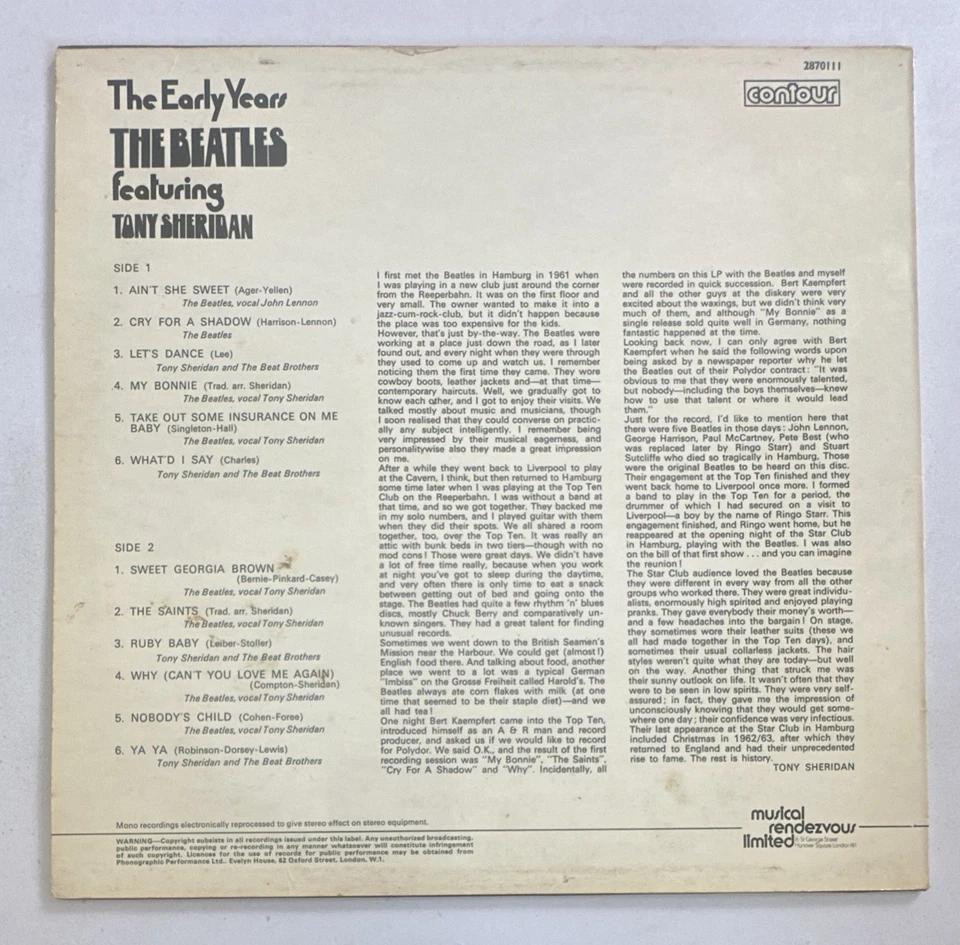 The Beatles & Tony Sheridan - The Early Years UK Stereo LP 1971  EX / VG+ - Image 3 of 4