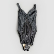 Vintage 90s FLEXEES Womens M/34 Fits S Shiny Black Nylon/Lace Stretch Bodysuit