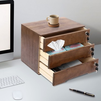 Wooden Desktop Storage Box with Lockable Drawers, Office Supplies File Organizer