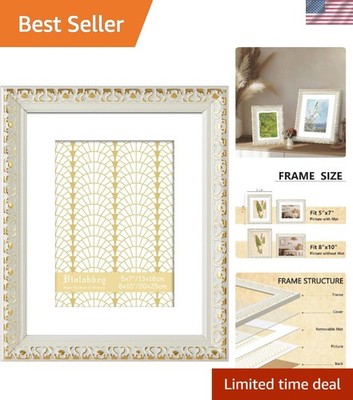 8x10 Picture Frame White Gold, Display 5x7 Picture with Mat or 8x10 without M...