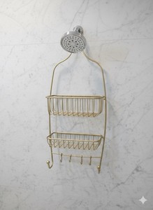 Gold Brushed Metal Two-Tier Hanging Shower Organizer with Hooks for Bathroom
