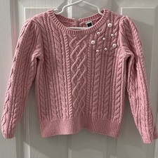 Janie and Jack Girls Pink Cable Knit Sweater Sz 5 Cotton Wool Pearl Embellish