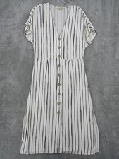 Rag Poets Dress Womens Large Vertical Stripe Button Front Midi Casual Cap Sleeve