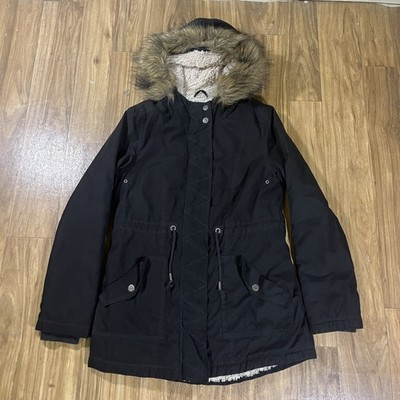 Aeropostale Coat Juniors Medium Black Fleece Lined Parka Faux Fur Hood Zip