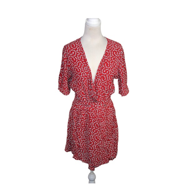 Faithfull The Brand Mini Wrap Dress Size 10 Red Bow Print Short Sleeves