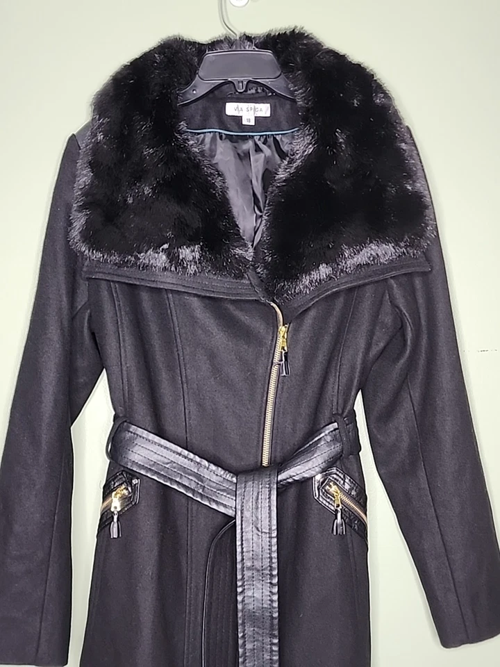 Abrigo Via Spiga Mezcla de Lana Imitación Piel Ribete 18 Negro Bolsillos Cinturón Mob Esposa Dinero Antiguo Foto 3 de 4