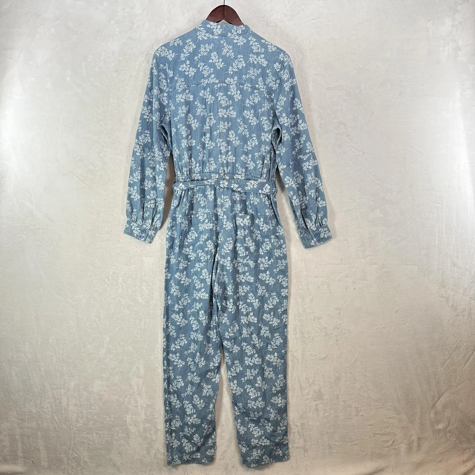 Antiguo Mono Azul Marino Para Mujer Mediano Azul Denim Floral Traje de Caldera Cinturón Algodón Foto 3 de 4