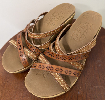 Skechers Women's Cali Beverlee Tiger Posse Strappy Wedge Sandals Size 7.5 Brown